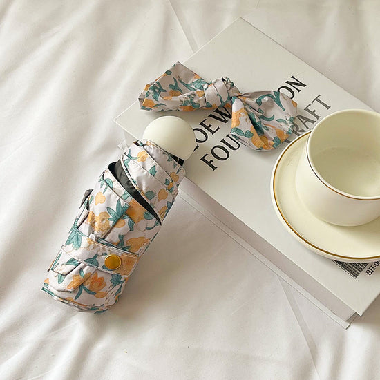 Yellow And Green Floral Mini 5-Fold Umbrella - Portable, Anti-UV, Black Glue Coating