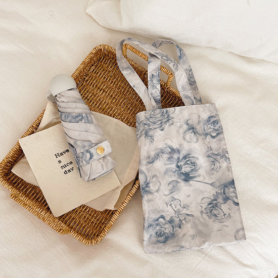 Haze Blue Flowers Mini 5-Fold Umbrella - Portable, Anti-UV, Black Glue Coating