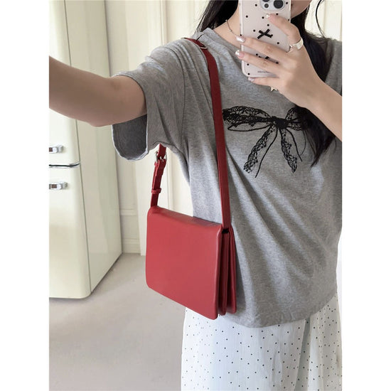 Red Minimalist Flap Shoulder Bag-Elegant Women&
