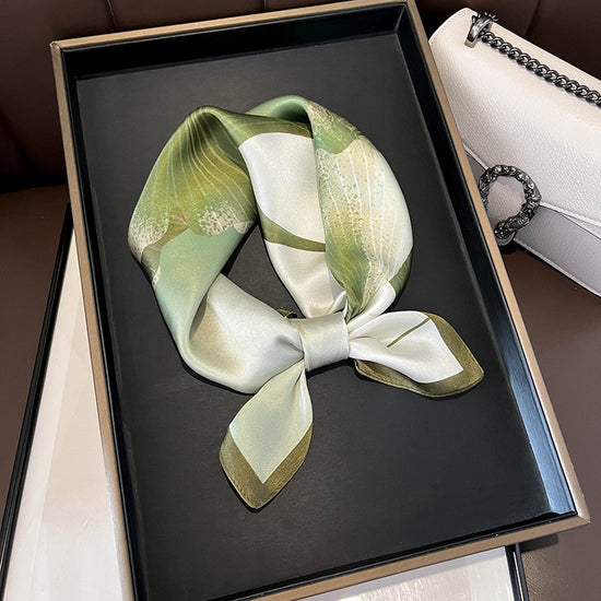 Green Pure Silk Scarf - Elegant Flower Design, Square Handkerchief (Style 1)