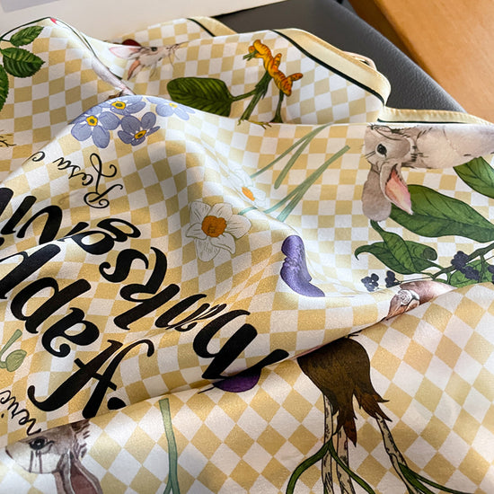 Yellow Pure Silk Scarf - Elegant Flower Design, Square Handkerchief (Style 2)