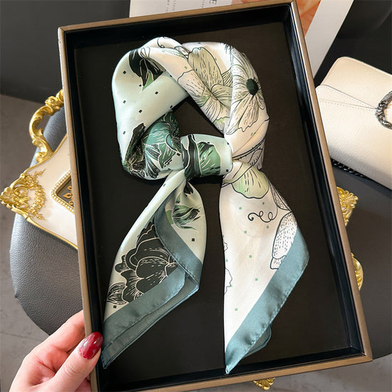Green Pure Silk Scarf - Elegant Flower Design, Square Handkerchief (Style 3)