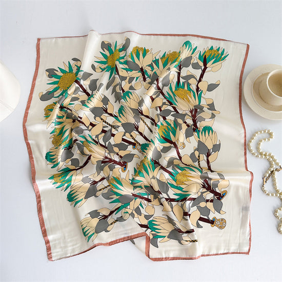 Yellow Pure Silk Scarf - Elegant Flower Design, Square Handkerchief (Style 4)