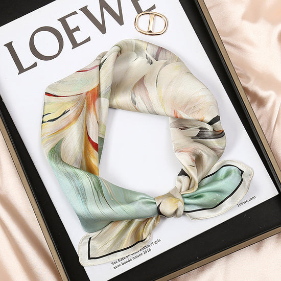 Green+White Pure Silk Scarf - Elegant Flower Design, Square Handkerchief (Style 5)