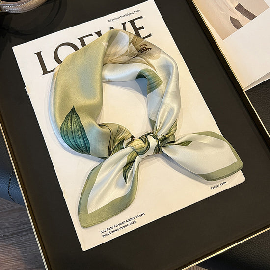 Green Pure Silk Scarf - Elegant Flower Design, Square Handkerchief (Style 6)