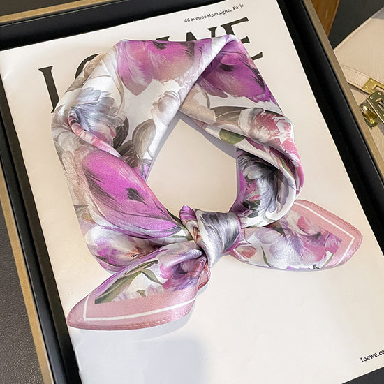 Purple Pure Silk Scarf - Elegant Flower Design, Square Handkerchief (Style 7)