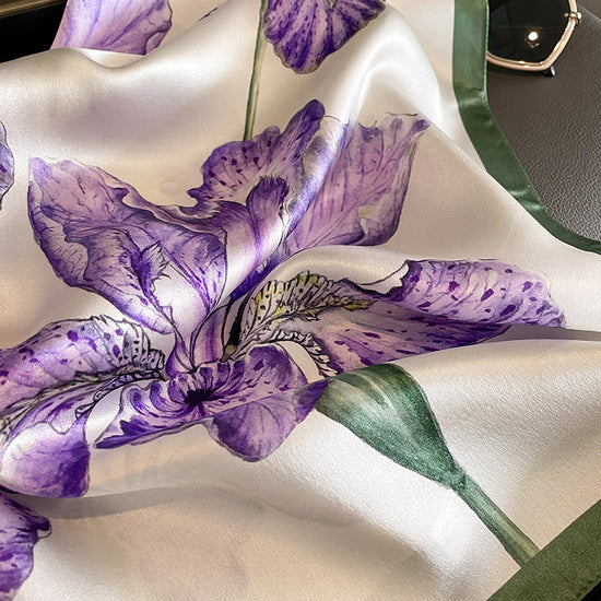 Purple Pure Silk Scarf - Elegant Flower Design, Square Handkerchief (Style 9)