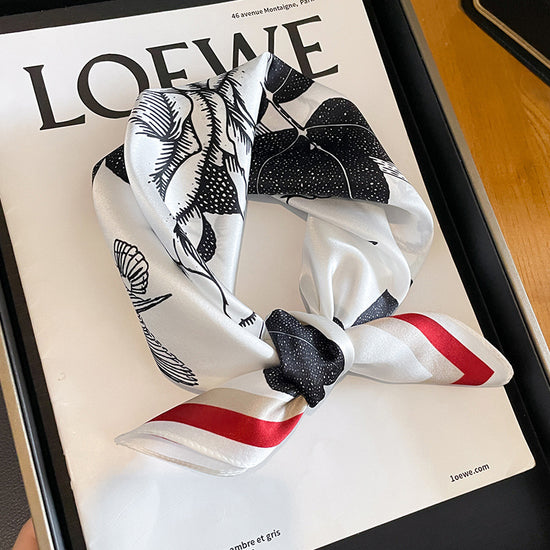 Red Edge Pure Silk Scarf - Elegant Flower Design, Square Handkerchief (Style 13)