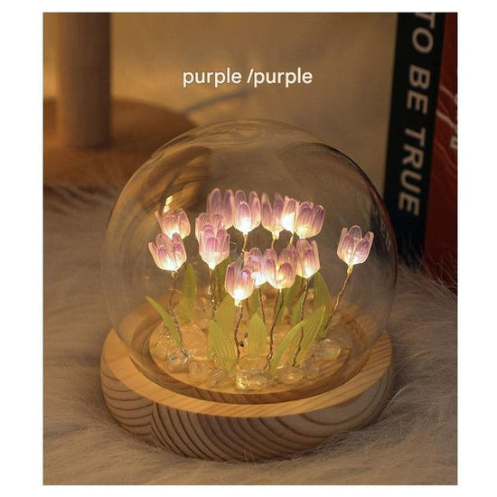 (Ten Purple Tulips) Glowing Tulip Dome Lamp - Wooden Base, Bedside Table Decoration