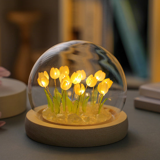 (Thirteen Yellow Tulips) Glowing Tulip Dome Lamp - Wooden Base, Bedside Table Decoration
