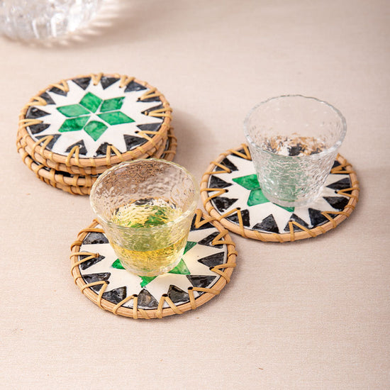 (Tooth Green Pattern) Set of 5 Rattan & Shell Coasters - Decorative & Heat Resistant