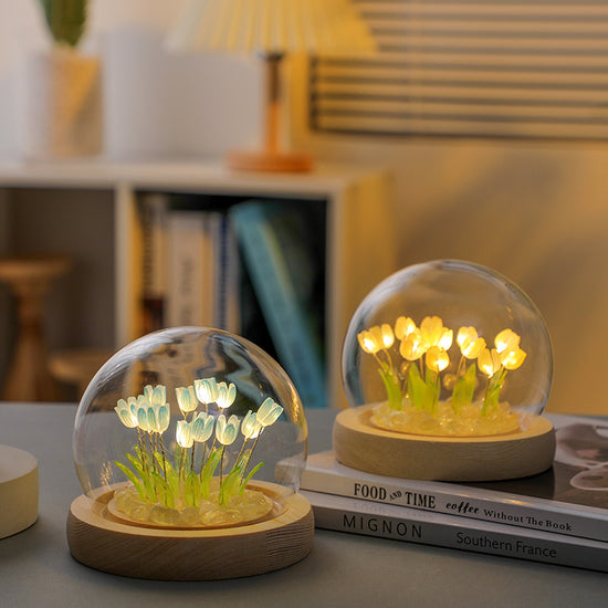 (Twenty Blue Tulips) Glowing Tulip Dome Lamp - Wooden Base, Bedside Table Decoration