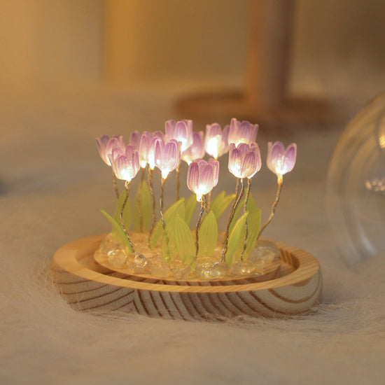 (Twenty Purple Tulips) Glowing Tulip Dome Lamp - Wooden Base, Bedside Table Decoration