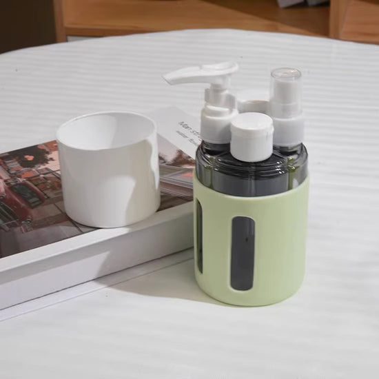 Round Green 2-Piece 4-in-1 Travel Dispenser Set-Leakproof Refillable Bottles for Toiletries