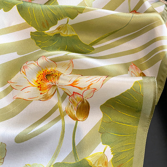 Green Lotus 53cm Silk Scarf - 100% Mulberry Silk, Floral Print, Women&