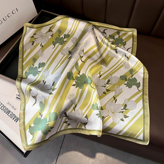 Green Flowers 53cm Silk Scarf - 100% Mulberry Silk, Floral Print, Women&