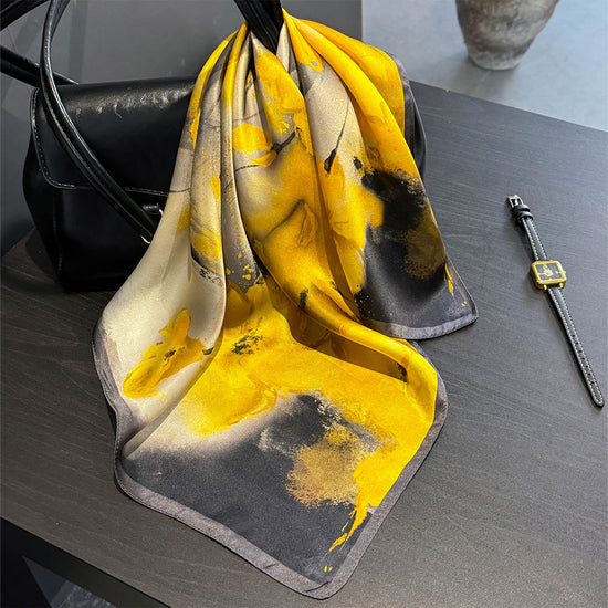 Yellow Flower Black Background 53cm Silk Scarf - 100% Mulberry Silk, Floral Print, Women&