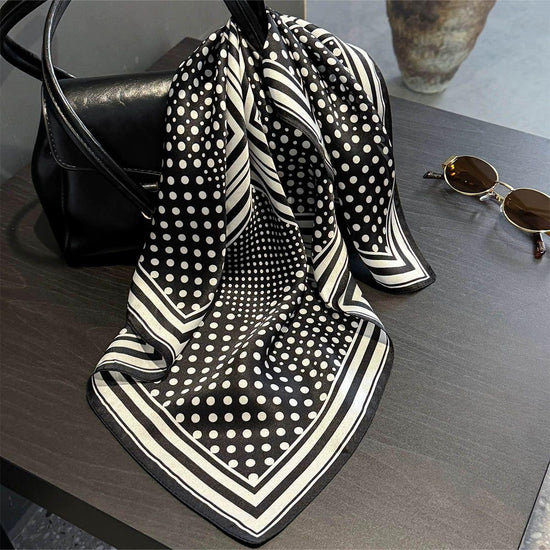 Black Polka Dots 53cm Silk Scarf - 100% Mulberry Silk, Floral Print, Women&