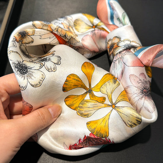 Orange 53cm Silk Scarf - 100% Mulberry Silk, Floral Print, Women&