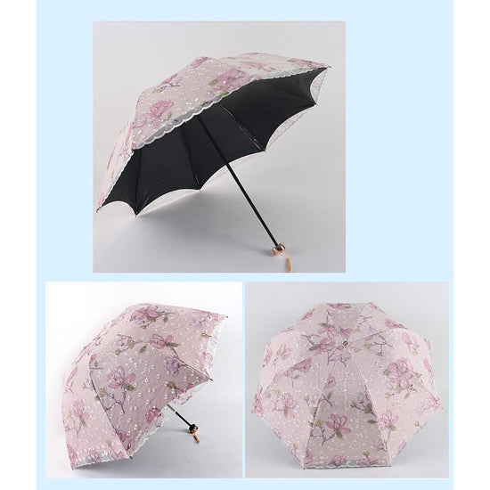 Pink Elegant Lace Parasol - UV Protection, Sun & Rain Umbrella, Tri-Fold Design