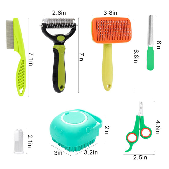 Green 8-Piece Pet Grooming Tool Set - Brushes, Nail Clippers & More