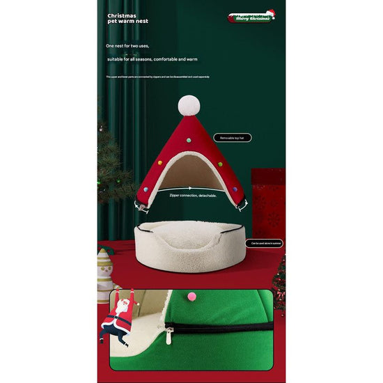 Festive Detachable Pet House - Cozy Pine Needle Wool Christmas Hat Design (S - 37x46cm)