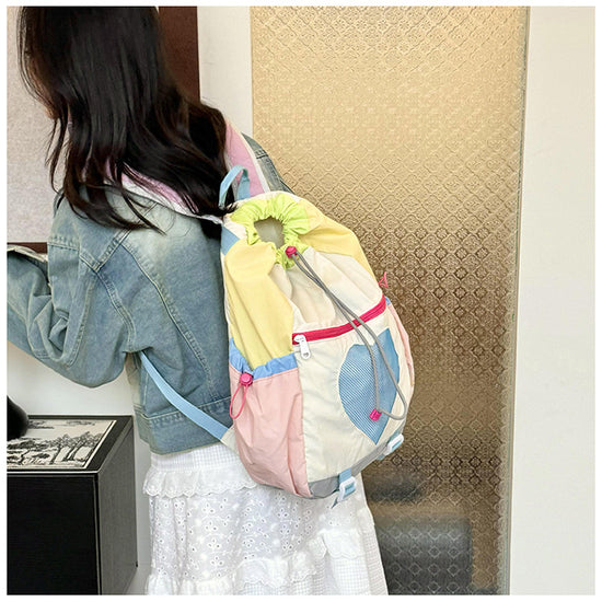 Yellow Colorblock Drawstring Backpack - Lightweight Nylon Bag with Heart Mesh Pocket