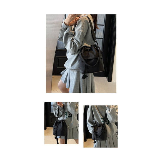 Black Casual Nylon Drawstring Bucket Bag - Adjustable Strap Crossbody Purse