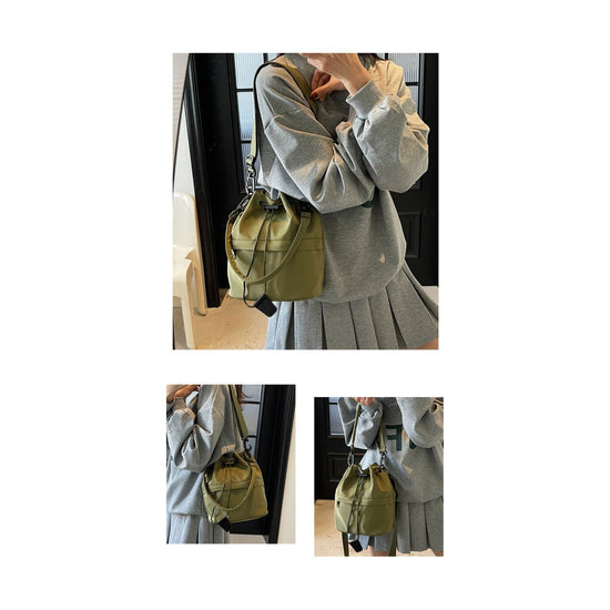 Army green Casual Nylon Drawstring Bucket Bag - Adjustable Strap Crossbody Purse