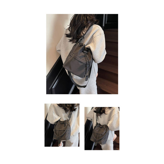 Gray Casual Nylon Drawstring Bucket Bag - Adjustable Strap Crossbody Purse