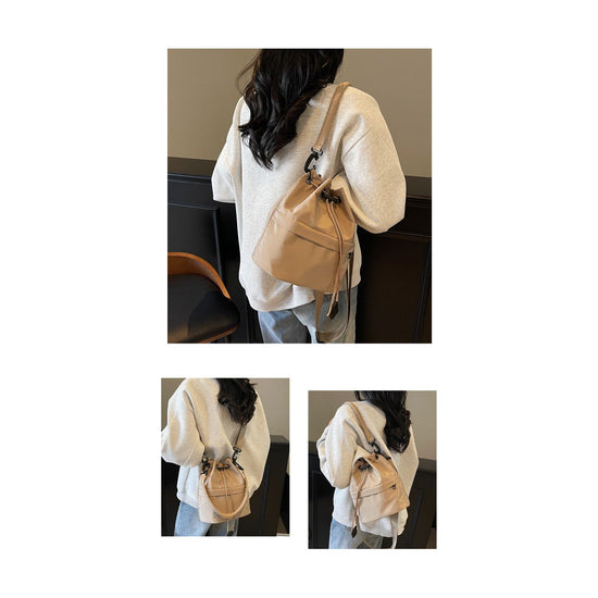 Khaki Casual Nylon Drawstring Bucket Bag - Adjustable Strap Crossbody Purse