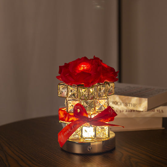 Red Rose LED Crystal Flower Table Lamp - USB Rechargeable Touch Control Night Light