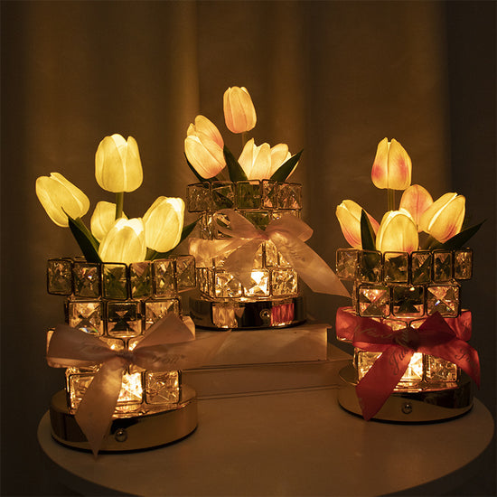 White tulips LED Crystal Flower Table Lamp - USB Rechargeable Touch Control Night Light