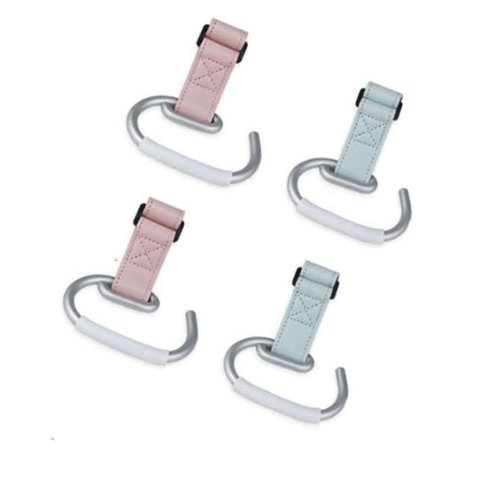 Blue Stroller Hooks 4-Pack - Leather and Alloy Pram Hooks with Velcro for Mom Bags and Accessories