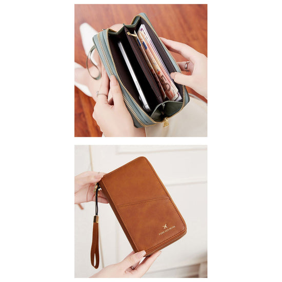 Light Brown RFID Blocking Passport Wallet - Multi-Function Travel Organizer with Double Zipper and Crossbody Strap