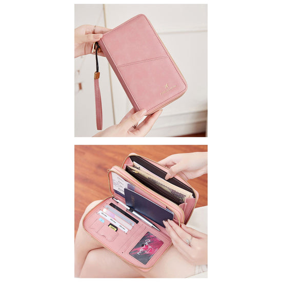 Pink RFID Blocking Passport Wallet - Multi-Function Travel Organizer with Double Zipper and Crossbody Strap