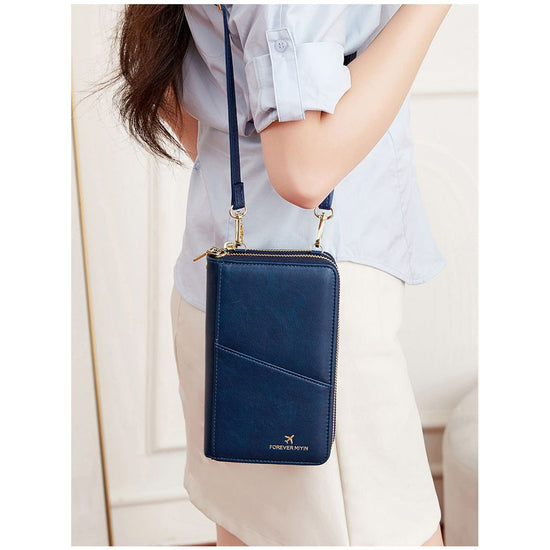 Dark Blue RFID Blocking Passport Wallet - Multi-Function Travel Organizer with Double Zipper and Crossbody Strap