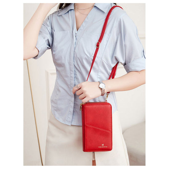 Red RFID Blocking Passport Wallet - Multi-Function Travel Organizer with Double Zipper and Crossbody Strap