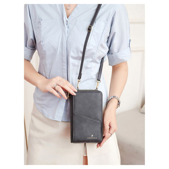 Dark Grey RFID Blocking Passport Wallet - Multi-Function Travel Organizer with Double Zipper and Crossbody Strap