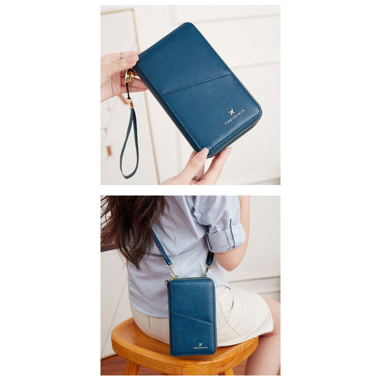 Peacock Blue RFID Blocking Passport Wallet - Multi-Function Travel Organizer with Double Zipper and Crossbody Strap