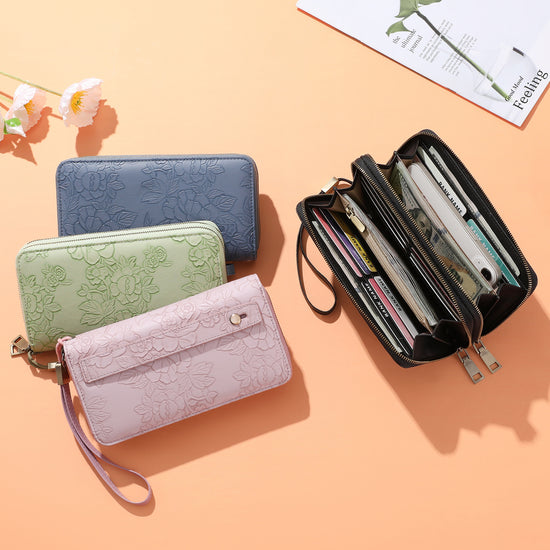 Pink Floral Embossed Large Capacity Women&