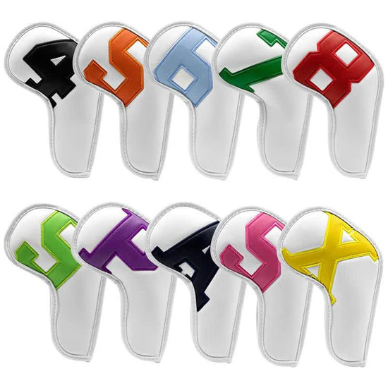 Colorful Words On White Background PU Leather Golf Iron Headcovers Set (10pcs) - Numbered Protective Club Covers (4-9, P, A, S, L) Universal Fit