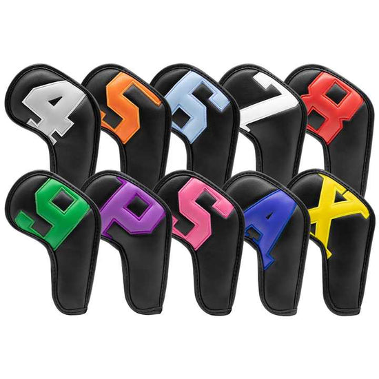 Colorful Words On Black Background PU Leather Golf Iron Headcovers Set (10pcs) - Numbered Protective Club Covers (4-9, P, A, S, L) Universal Fit
