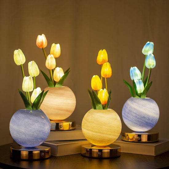 Blue And White Tulip Night Light with Realistic Bouquet - Dreamy Planet LED Mood Lamp for Bedroom Decor with 3-Color Touch Dimming