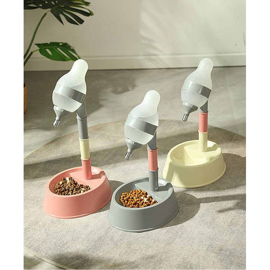Pink Base Adjustable Height Pet Water Dispenser with Food Bowl Base - Non-Drip Bottle Feeder Station for Dogs & Cats