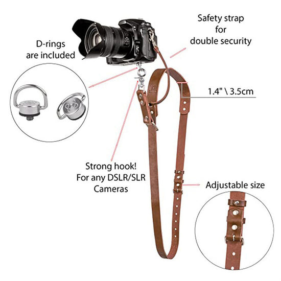 Coffee Adjustable Genuine Leather Camera Strap - Crossbody Shoulder Sling for DSLR/SLR(The camera is a prop and is not included)
