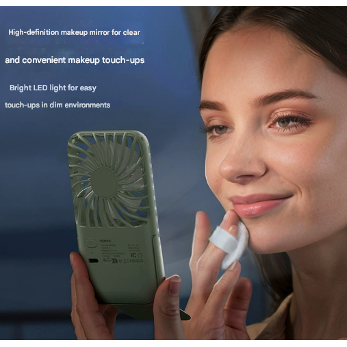White Portable Handheld Fan with Makeup Mirror - USB Rechargeable 3-Speed Mini Fan for Summer Cooling