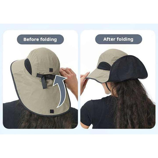 Black Wide Brim Sun Hat with Cape - Foldable UV Protection - 10cm Brim