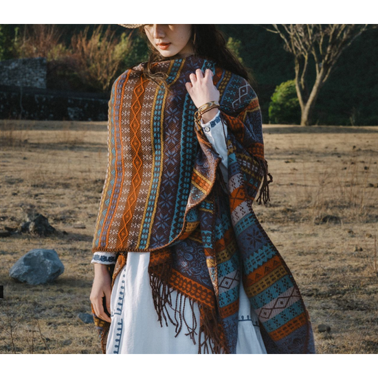 Blue Elegant Jacquard Knit Shawl Wrap - Versatile Oversized Scarf (150cm x 130cm)