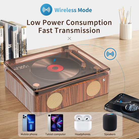 Retro Turntable Style Bluetooth Speaker & CD Player with Display - USB Rechargeable